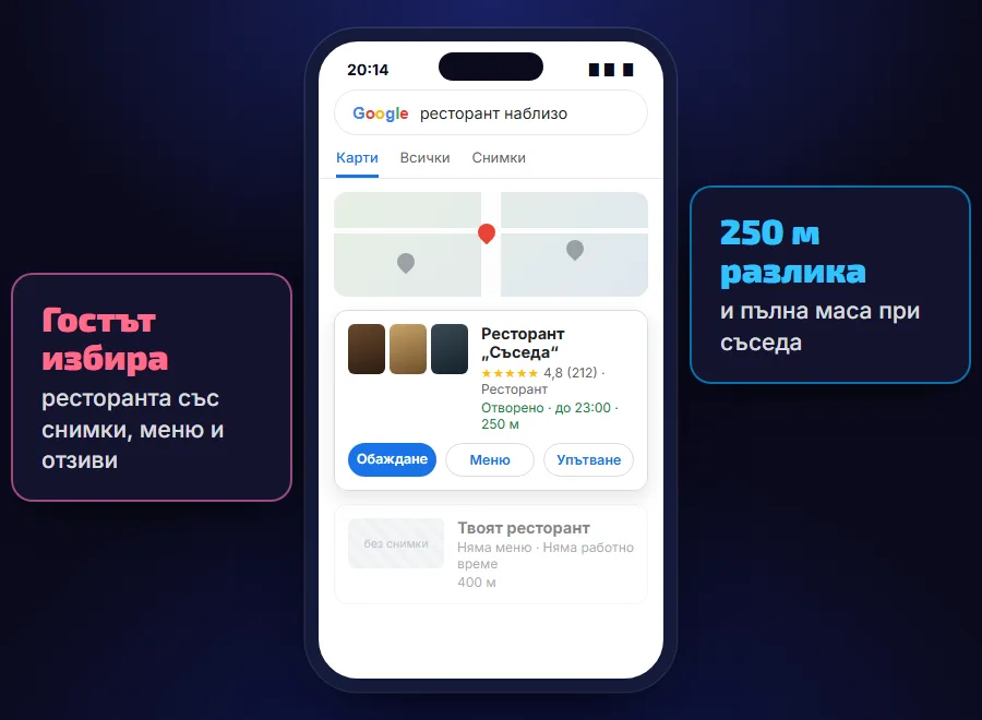 Търсене „ресторант наблизо“ в Google Карти — съседният ресторант е отгоре със снимки, меню и отзиви, а твоят е отдолу без снимки и работно време
